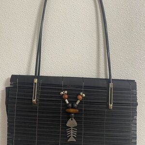 WOODEN BAMBOO BAG cluth purse Vintage women top handle compact handbag.